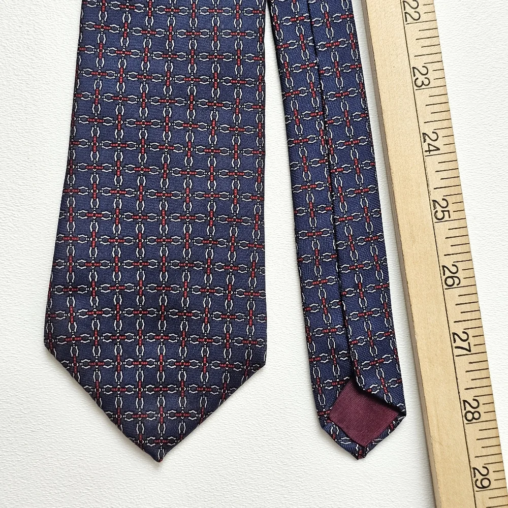 Vintage Hardy Amies London Silk Tie Navy Red Geometric Chain Pattern Luxury